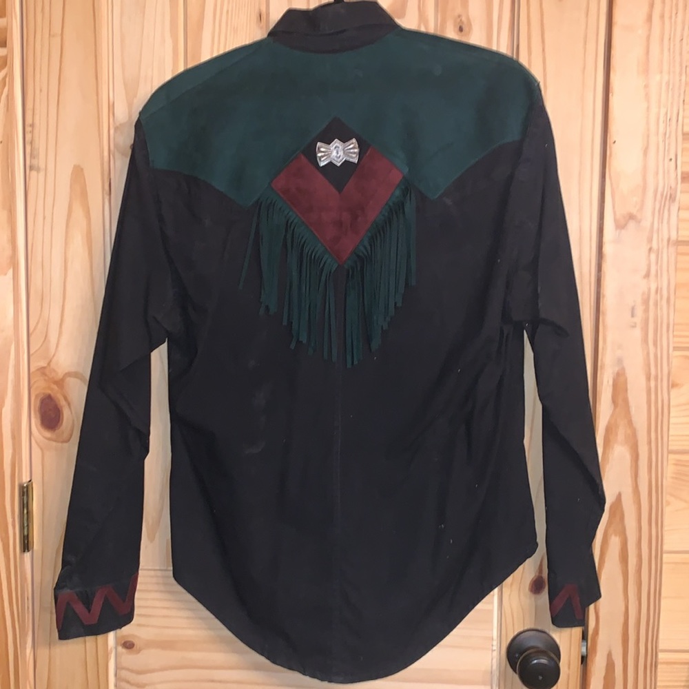 Western Rodeo Shirt Green & Burgundy Suede Size Large View 4